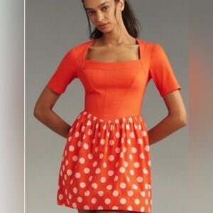 Anthropologie Orange/coral and White Polka Dot Mini Dress with pockets